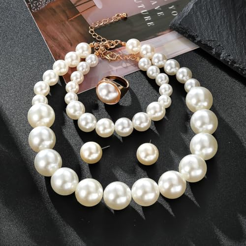 Chunky Beads Jewelry Set Boho Large Simulated Pearl Statement Colorful Beaded Necklace Bracelet Earrings Ring Set Holiday Party Bride Outfit for Women - color: White