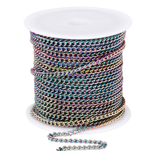 33FT Colorful Stainless Steel Curb Chains Roll, 2mm 304 Stainless Steel Multi Color Flat Twisted Links Curb Chains Bulk Spool for Jewelry Making DIY Craft - color: Colorful, size: 2.0mm width