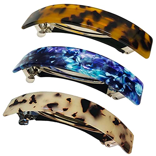 HYFEEL Large French Barrettes for Women Fine Thick Hair, Classic Tortoise Shell Hair Clips Wide Curved Celluloid Ponytail Holder Clamp Fashion Hair Accessories Automatic Clasp Hairgrips 3 Pack - color: Blue, Tortoise Shell, Ivory