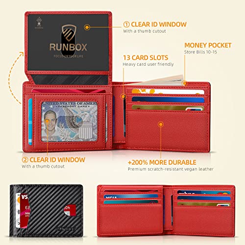 RUNBOX Wallet for Men -Slim Rfid Leather Mens Bifold Novelty Wallets 2 ID Window With Gift Box Men's Accessories | Slim - color: Carbon black&red-new