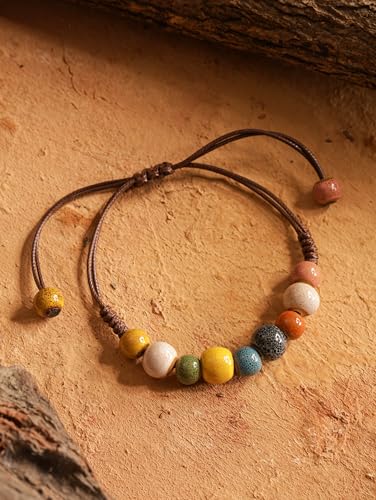 MINACHI Bohemian Colorful Ceramic Bead Adjustable Leather Bracelet, Boho Hippie Summer Jewelry Gift for Women - color: S02B