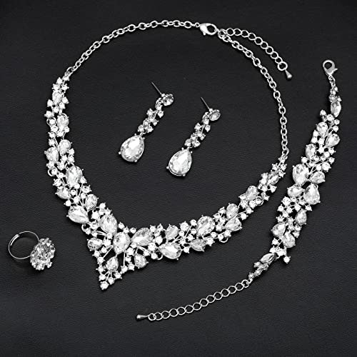 CSY 4 Pcs/Set Austrian Crystal Necklace Earrings Bracelet Ring Bridal Jewelry Sets for Brides Wedding Party Costume Accessories Gifts for Women - color: 02-white gold-white