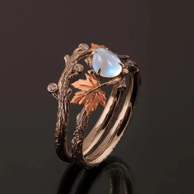 Retro Teardrop Synthetic Moonstone Maple Leaf Ring for Women Daily Banquet Vacation Unique Jewelry - color: Copper Brown