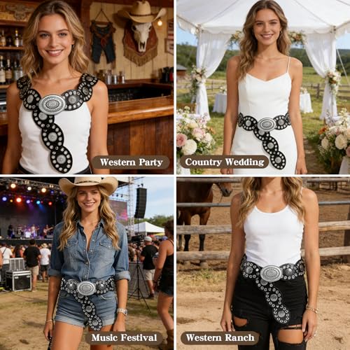 Leather Western Boho Belts for Woman, 53.1inch Concho Vintage Belt for womens Dress Jeans, Country Black