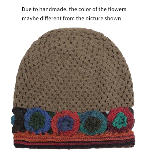 ZLYC Women Cotton Crochet Slouchy Beanie Hat Handmade Knit Summer Skull Cap - color: Colorful Flower Tan