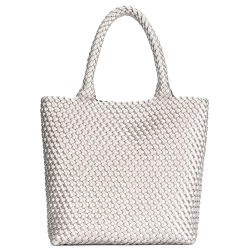 BAGOK Woven Tote Bag for Women, Handwoven Vegan Leather Shoulder Bag with Clutch, Large Tote for Work, Travel & Beach - color: Silver