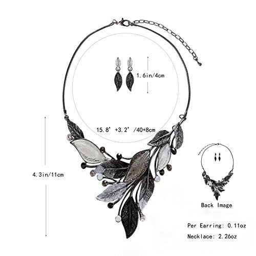 AMYJANE Vintage Statement Jewelry Set - Spring Leaf Flower Floral Plant Necklace Earring Set Crystal Rhinestone Fashion Costume Jewelry for Women Prom Party Unique Gift - style: Grey Leaves Jewelry Set