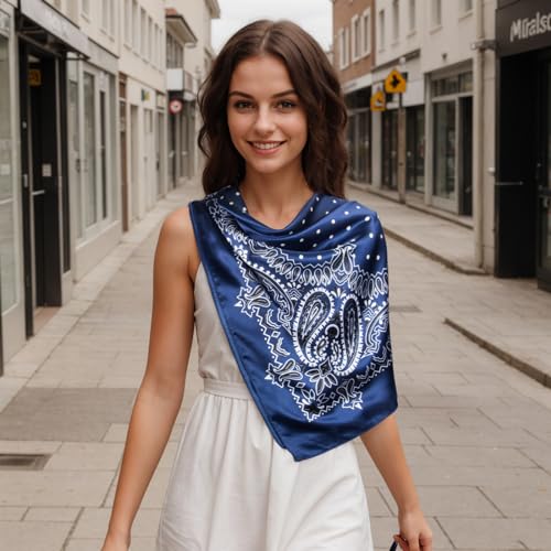 RIIQIICHY Head Scarf for Women Like Silk Scarf Hair Scarf Printed Square Scarf Bandanas for Women 35 Inches - color: Navy/White/Black