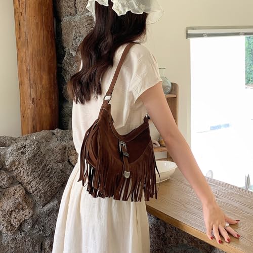 Fringe Hobo Purse for Women,Western Small Fringed Shoulder Bag Vegan Suede Hippie Crossbody Bag with Tassel - color: Coffee