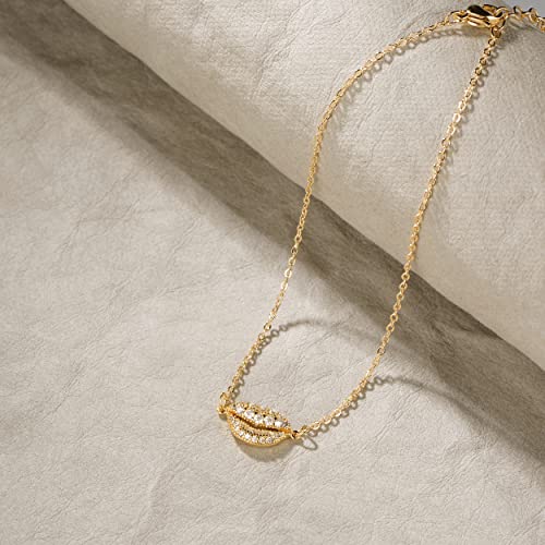LOYATA Dainty Ankle Bracelet,14K Gold Plated Tiny Bead Anklet Dainty White Cubic Zirconia Cross Tassel Foot Chain Cute Lucky Moon Evil Eye Foot Jewelry Boho Anklets for Women - color: Lip