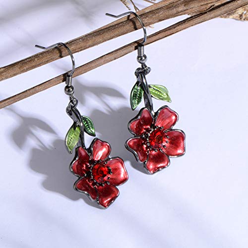AMYJANE Vintage Statement Jewelry Set - Spring Leaf Flower Floral Plant Necklace Earring Set Crystal Rhinestone Fashion Costume Jewelry for Women Prom Party Unique Gift - style: Red Flower Green Leaf