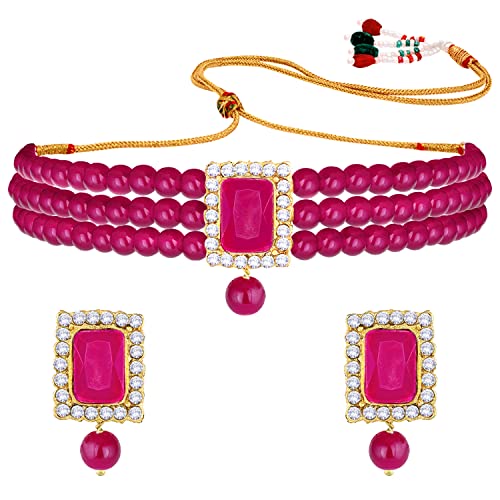 Aheli Ethnic Choker Necklace Earrings Wedding Bollywood Party Jewelry Set Gift for Women - color: Rani Pink 2