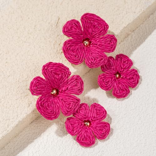 Boho Flower Earrings Statement Raffia Dangle Earrings Cute Floral Jewelry Trendy Summer Beach Vacation Outfits for Women - color: Rose