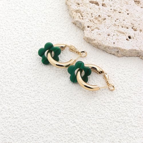 Chunky Acrylic Gold Small Flower Hoop Huggie Earrings, Colorful Boho Ear Piercing Dangle Drop Earrings, Dainty Chic Charm Jewelry Gift - color: Green