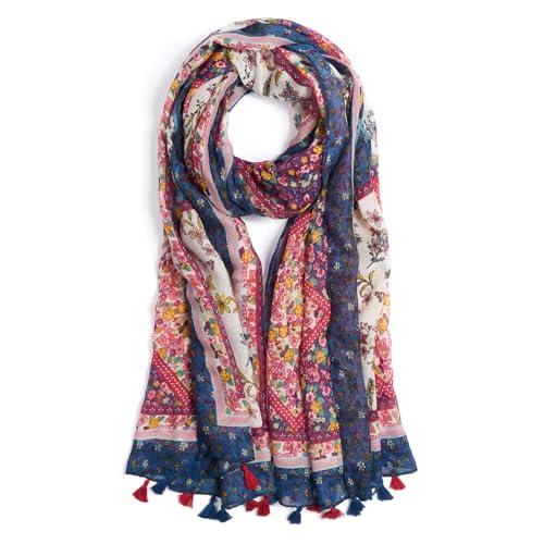QIUTIMIY Scarf for Women Lightweight Soft Floral Leopard Printed Scarves Fall Winter Fashion Shawl Wrap with Fringe - color: Flower-red Nblue