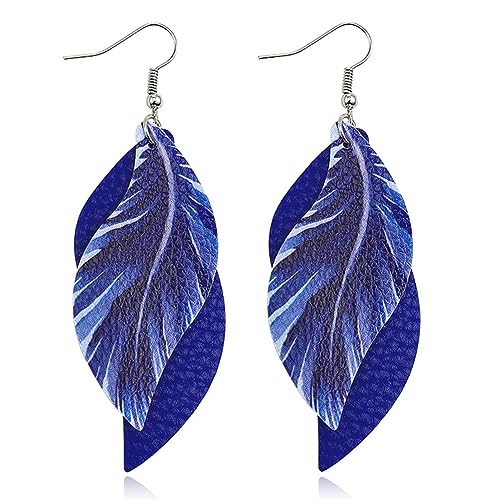 ANXIN boho unique Leather Earrings 2 Layered Lightweight Faux Leather Leaf Earrings Layered Design Drop Earrings Gift for Women - color: 2 Blue Faux Leather Leaf Earrings