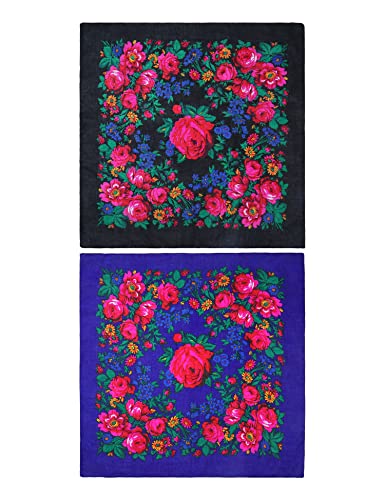 MJ SERECA Acrylic Bandana Printed Hair Scarf Square Ukrainian Head Scarf Floral Babushka Neck Scarf for Women 30"/42"/60" - color: 2 Pack-f 42"