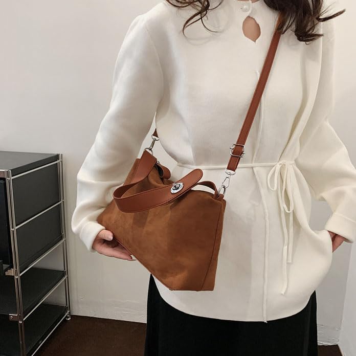 Suede Shoulder Bags For Women Crossbody Bag Suede Tote Bag Satchels Slouchy Work Purses Crescent Handbag Fall Top Handle - color: Brown
