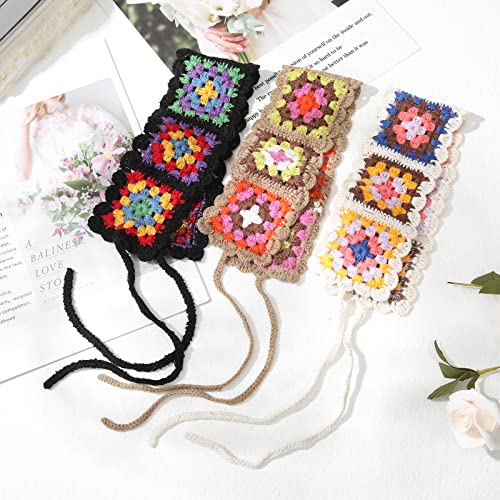 CHLINS Hairband, 3PCS Crochet Headband Women Floral Hairband - Elastic Handmade Crochet Head Wrap Bohemian knit Headband for Women and Girls (Square, Black + Beige + Khaki) - color: Square (Black + Beige + Khaki)