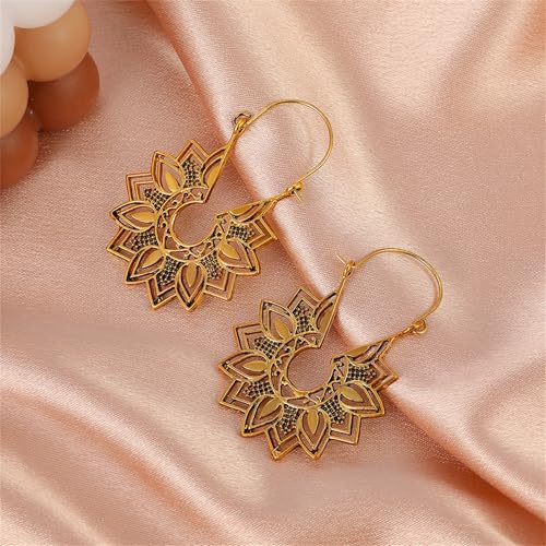 Boho Antique Carved Flower Dangle Drop Earrings for Women Vintage Retro Handmade Hollowed Antiqued Bronze Floral Shaped Geometric Gold Silver Plated Hoop Earrings for Ethnic Style Jewelry Gifts - color: Gold flower earring