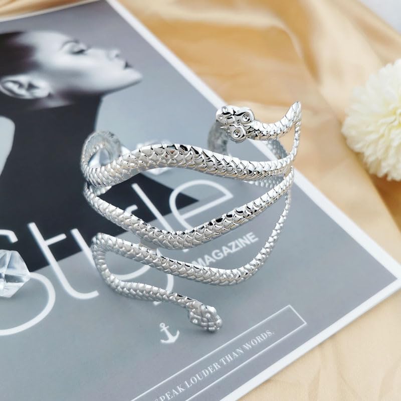 Pingyongchang 2 Pcs Cuff Bangle Bracelet for Women Open Wide Wire Bracelets Set Gold Wrist Cuff Wrap Bracelet Adjustable Classic Bohemia Birthday Gift - color: Snake Silver