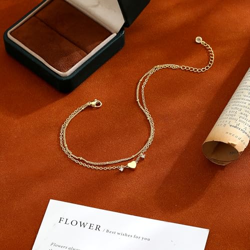 ASCOMY Ankle Bracelets for Women 14K Gold/Silver Plated Anklets for Women Waterproof Layered Cute Beads Dot Shining Twist Rope Chain Pearl Bar Link Heart Anklets Summer Beach Foot Chain Jewelry Gifts - style: CZ Heart Satellite-GD