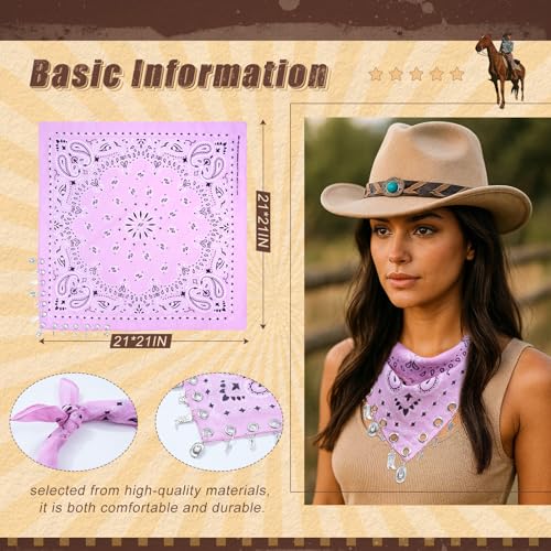 AWAYTR 100% Cotton Bandana for Cowgirl Western Cowboy Costume, 21 Inch Paisley Scarf with Grommet Western Ornaments - color: Pink