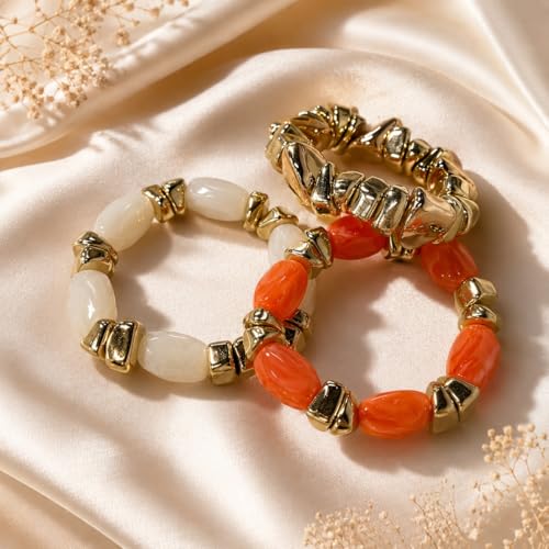 Gold Bracelet Stack For Women, 3Pcs Jade Vintage Chunky Stackable Stretch Boho Western Adjustable Bracelet Stacks Statement Dainty Tarnish Free Waterproof Jewelry Gift - color: Unique-Orange