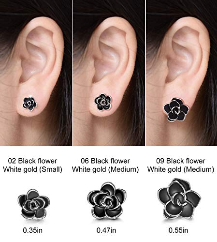 AllenCOCO Rose Flower Stud Earrings for Women Sensitive Ears, Hypoallergenic Cute Gold And Silver Rose Flower Earrings Studs for Women Nickel Free - color: Black flower/White gold, size: 0.35