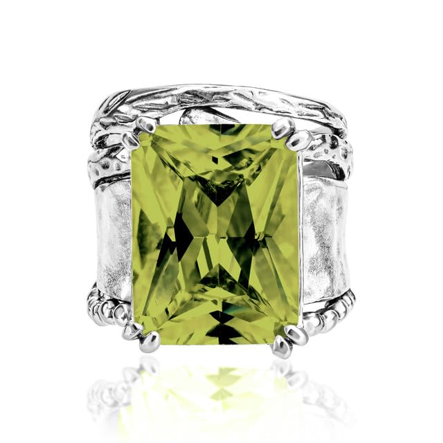 JEAN RACHEL JEWELRY 925 Sterling Silver Ring - Hammered Vintage Design with Octagon Shaped Cubic Zirconia - Hypoallergenic, Lead & Nickel Free - Artisan Handcrafted Statement Rings for Women - color: Peridot CZ