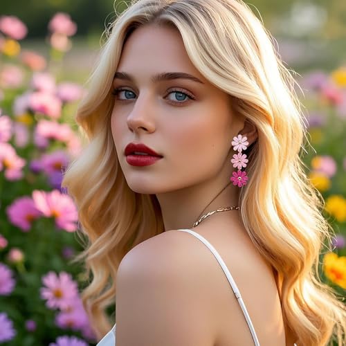 Raffia Flower Earrings Boho Handmade Straw Wrapped Drop Dangle Earrings for Women Summer Beach Jewelry - color: pink