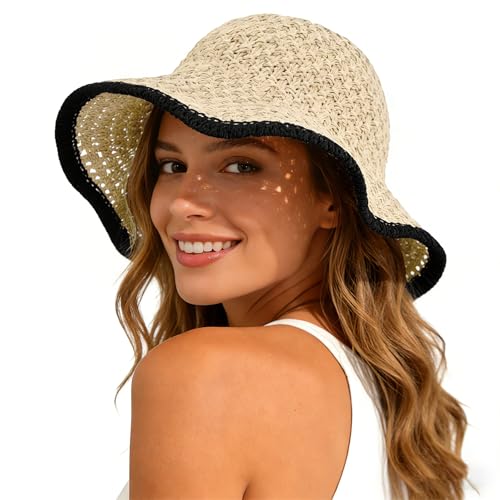 Sun Hat for Women Beach Hat Straw Bucket Hat Summer UV Protection, Packable Breathable Crochet Style - color: 1pack-beige-black-brim