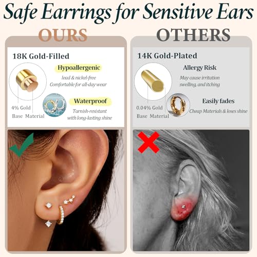 Poxtex Small Sterling Silver Huggie Hoop Earrings Set for Women, Hypoallergenic 14K Gold Plated Hoops Stacks for Multiple Piercings, Dainty Cute Mini Lightweight Cartilage Studs Trendy Jewelry Gift - color: Gold-jacket