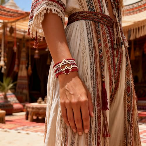 Long tiantian Leather Bracelets for Women Warp Bracelet Stackable Boho Layered Bracelet Chunky Heart Trendy Birthday Gifts for Her - color: A9:Western Bracelets for Women(Red)