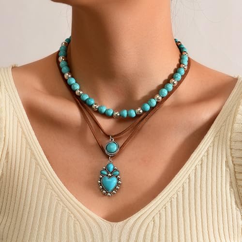 ONLYJUMP Boho Turquoise Leather Choker Necklace for Women Bohemian Handmade Leaf Layered Black Brown Suede Western Cowlady Necklace Western Country Party Jewelry Gifts - style: Heart