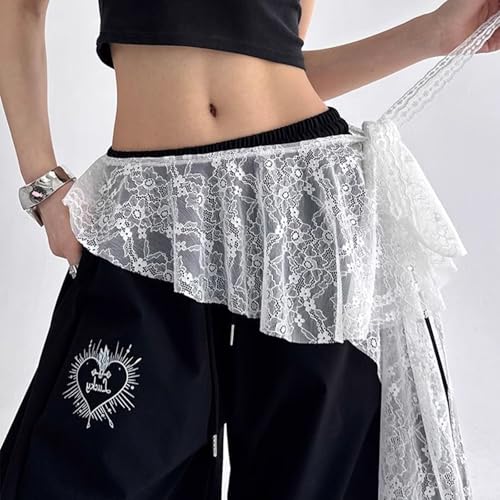 Women Y2K Lace Fringe Hip Scarf Boho Triangle Tassel Waist Cover Up Skirt Wrap Sheer Tie Belt Aesthetic Streetwear - color: White