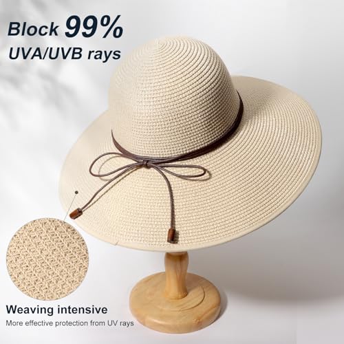 DRESHOW Beach Hats for Women Big Straw Wide Brim Summer Hat Floppy Foldable Roll up Cap Sun Hat UPF 50+ - color: 1 Pack Bowknot Hat: Beige, 4.7" Brim