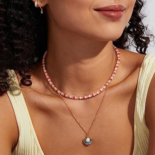 KissYan Boho Beaded Choker Necklace for Women, Gemstone Choker Natural Stone Freshwater Pearl Surfer Necklaces 14K Gold Plated Summer Beach Handmade Jewelry - color: G-Rose Quartz