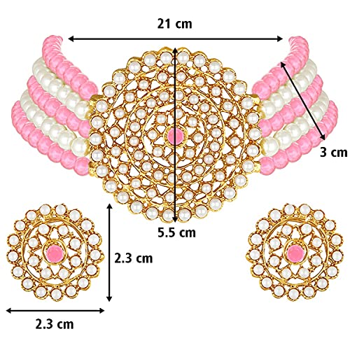 Aheli Pearl Diamond Choker Necklace & Round Earrings Gift for Women Indian Traditional Bollywood Fashion Bharatanatyam jewellery set - color: Pink & White