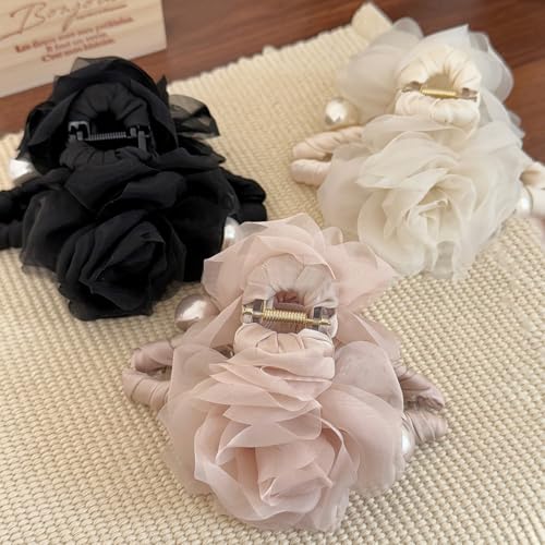 Large Chiffon Rose Flower Hair Claw Clips Boho Mesh Floral Hair Pins Barrettes Strong Hold Non-Slip Beach Vacation Hair Accessories for Women (Pink Large Chiffon Claw with Pearl) - color: Pink Large Chiffon Claw with Pearl