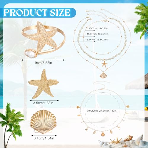 Tondiamo 7pcs Beach Jewelry Set for Women, Gold Starfish Seashell Waist Body Chain, Hair Clips, Seashell Starfish Necklaces Stackable, Gold Pearl Arm Cuff Bracelet Beach Vacation Mermaid Accessories