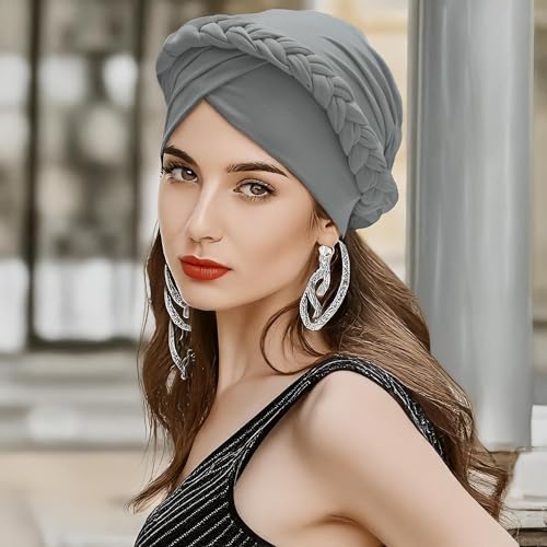 ZLYC Chemo Headwear for Women Pre Tied Turban Headwear Lightweight Beanie Hat - color: Braid Gray