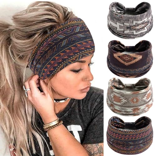 FULZTEY Boho Wide Headbands for Women Vintage Floral Head Bands Large African Bandana Hairbands Non Slip Yoga Workout Sweat Headwraps Cotton Thick Turban Fashion Hair Accessories 4Pcs - color: Style 115