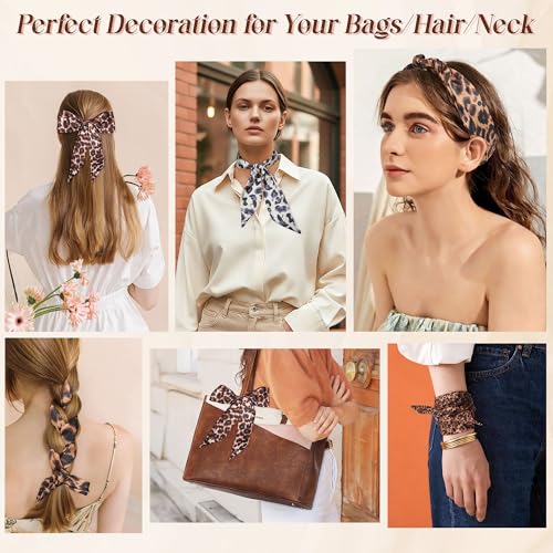 CHLINS 4PCS Satin Head Scarf for Women, Neck Hair Purse Handbag Accessory Fashion Versatile Thin Long Strip Scarf - color: Leopard Print
