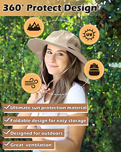 Tirrinia Wide Brim Sun Hat with Neck Flap for Men & Women, Breathable Hiking Fishing Safari Hat, Outdoor UV Protection Cap - color: # Khaki