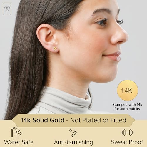 14k Gold Small Script Initial Letter Stud Earrings for Women | Anti Tarnishing 5mm 14k Gold Studs | A-Z Alphabet Earrings with Gift Box by MAX + STONE - style: A | Yellow Gold