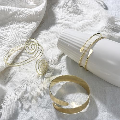 FUNRUN JEWELRY Arm Cuff Upper Arm Band for Women Gold Arm Cuff Bangle Bracelets Adjustable Coil Swirl Armlet ArmBand Jewelry,3-4Pcs - color: B:Gold tone