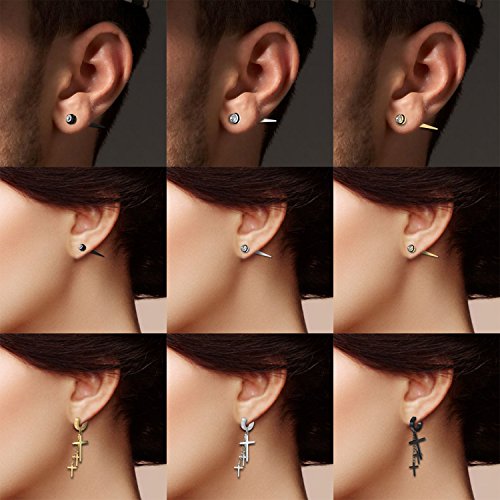 Aroncent 12PCS Stainless Steel Fake Tapers Mens Earrings Illusion Tunnel Cheater Piercing Jewelry Set for Men Women - color: A4