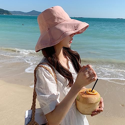 HUAMULAN Women Summer Sun Hat Wide Brim Wired Edge Floral Beach Bucket Hats Reversible Foldable Travel UV Protection Lady Hat - color: M1744-pink