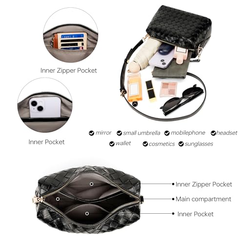 Woven Crossbody Bags for Women Small Crossbody purse Leather Clutch Purse with Adjustable Strap for Everyday Use - color: Black